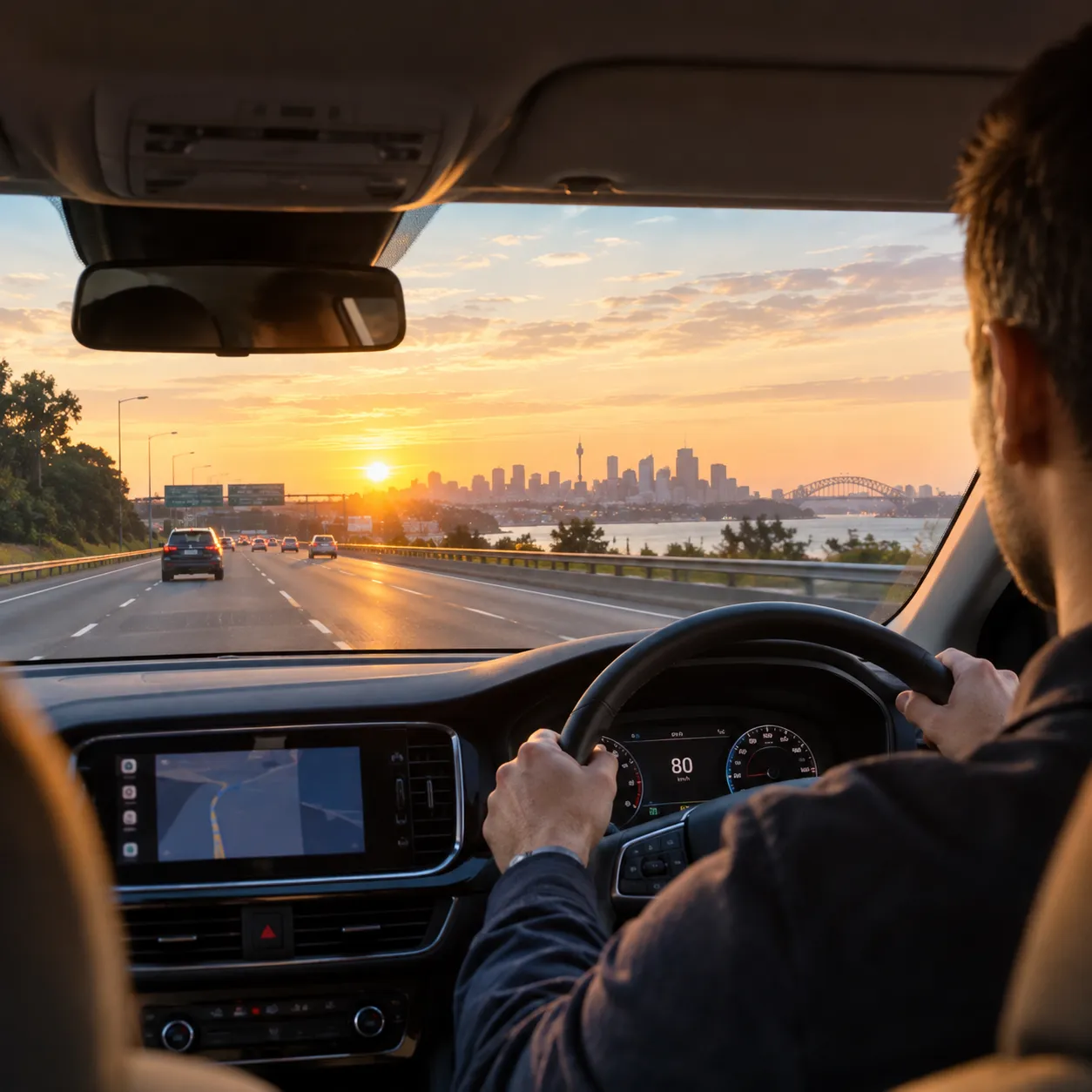 Illustrative image for About us: a driver's hands on the steering wheel, an empty motorway ahead at first light.