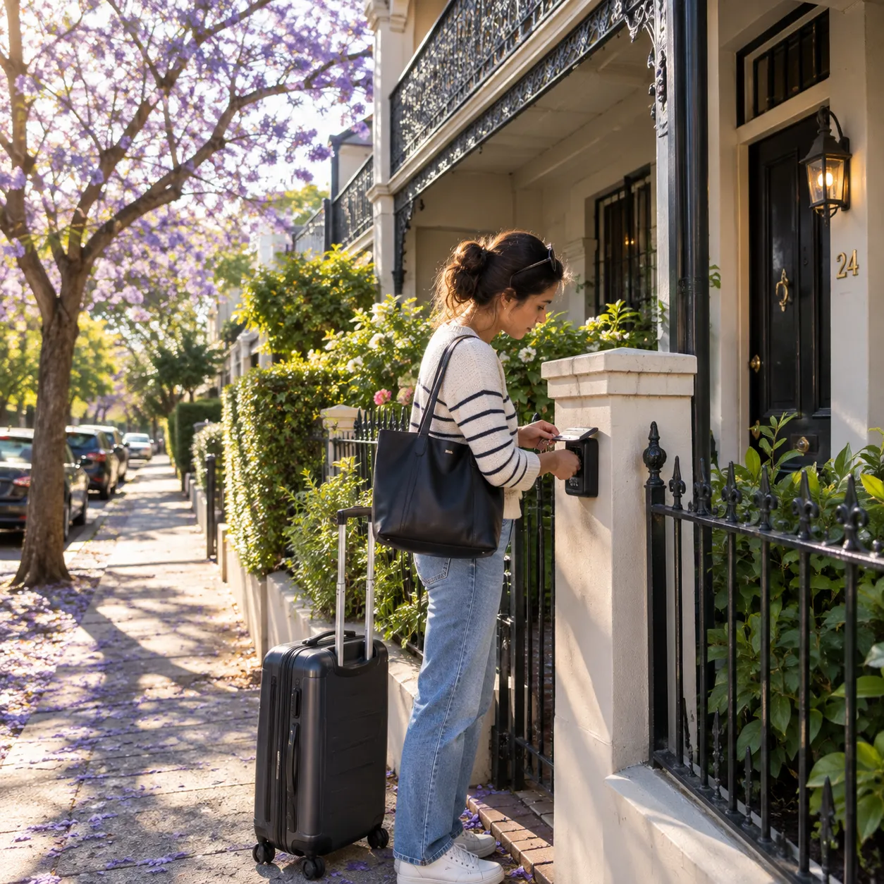Illustrative image for Hotel & Airbnb airport transfers Sydney: a traveller returning keys to a lockbox beside a terrace-house door, suitcase at her side.