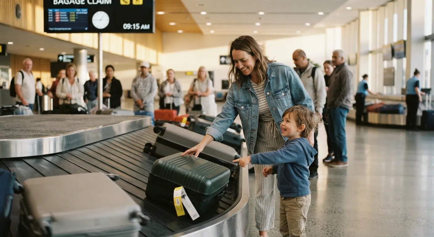 Illustrative image for Sydney airport international transfers: at an arrivals baggage carousel in soft morning light, a woman is spotting her suitcase and reaching for it, while her small son points at it excitedly.