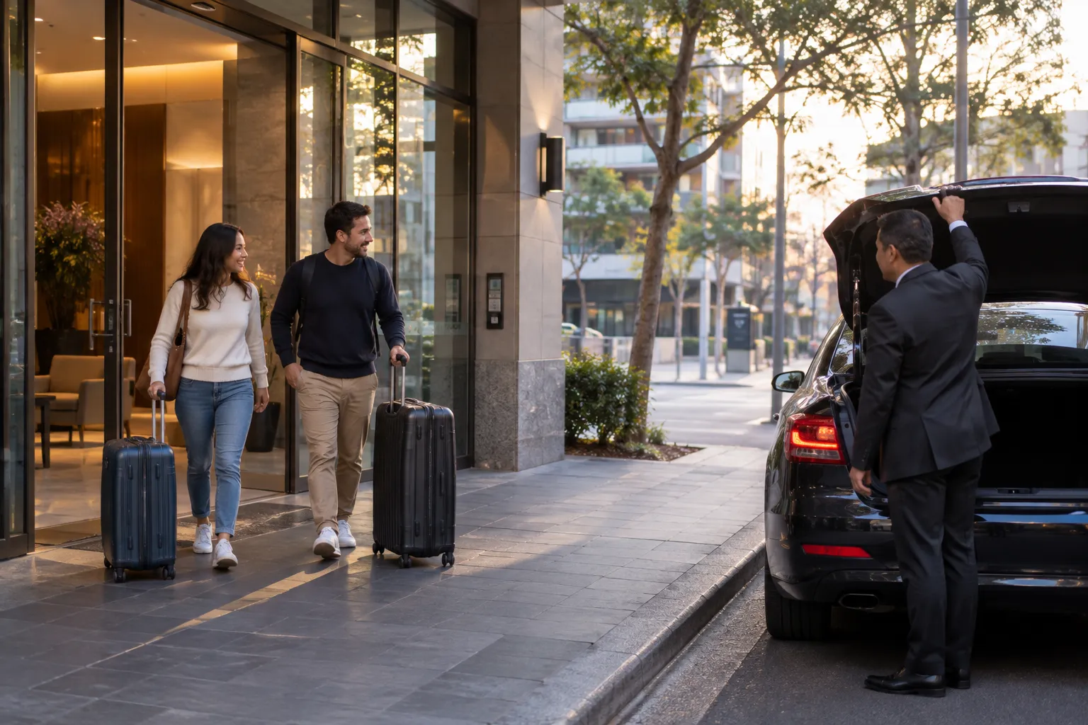 Illustrative image for Parramatta airport transfers: a couple wheeling suitcases out through an apartment lobby towards a car at the kerb.