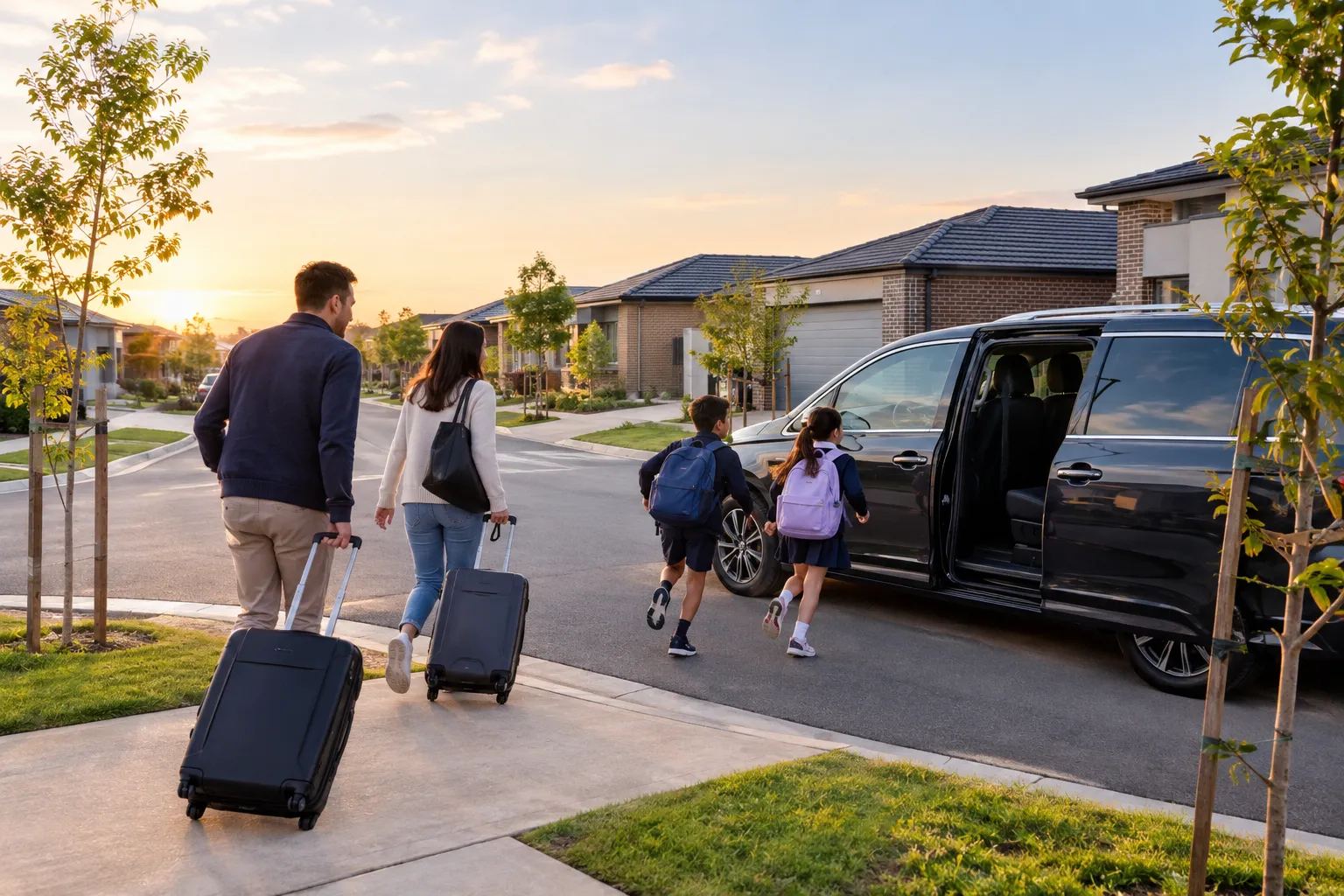 Illustrative image for Greater Western Sydney airport transfers: children with backpacks hurrying to a car in a new-estate cul-de-sac, parents following with suitcases.
