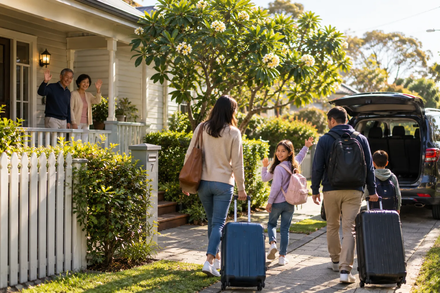 Illustrative image for Blacktown airport transfers: grandparents waving from a front porch as their family walks to the car with luggage.
