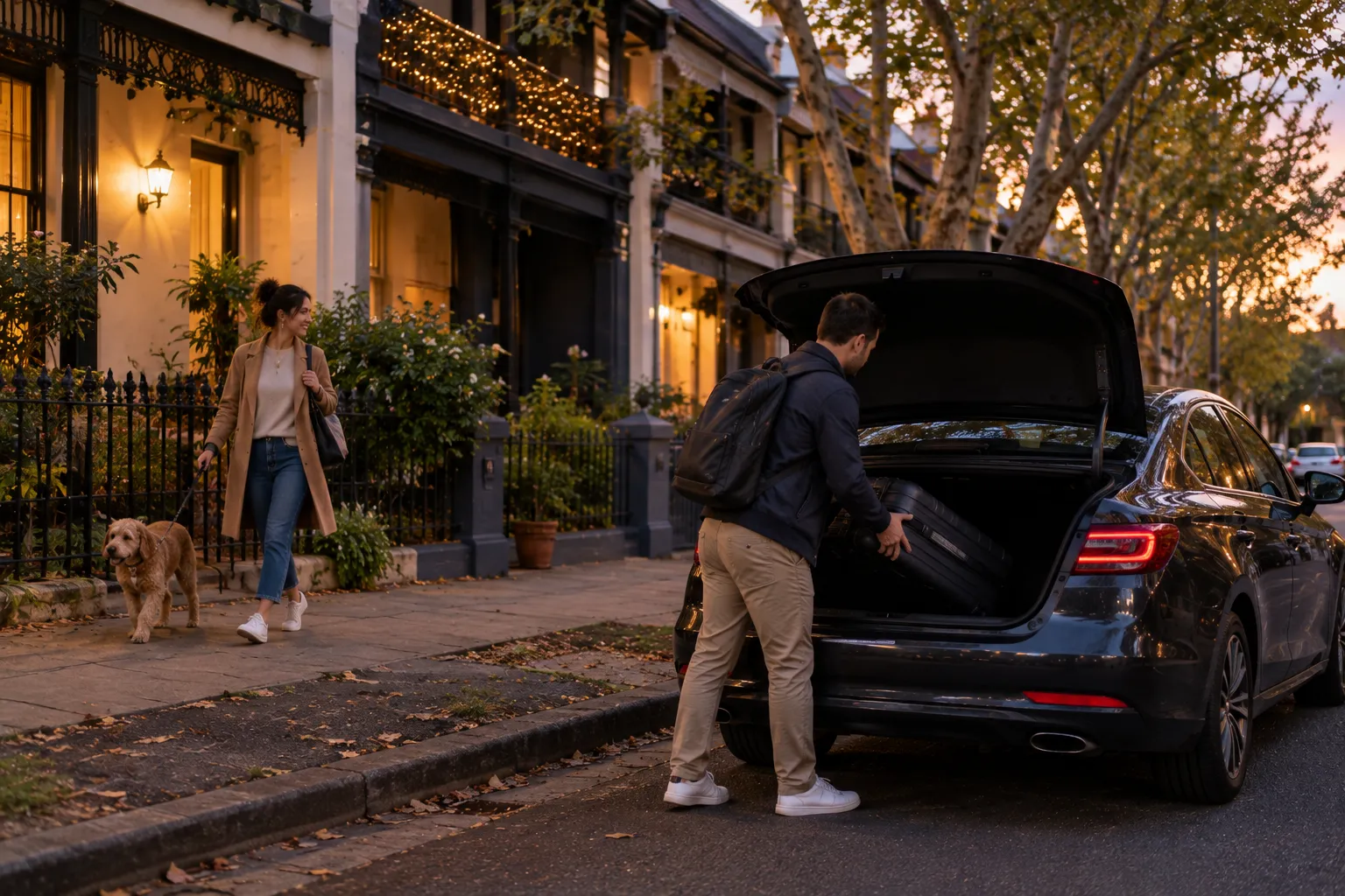 Illustrative image for Inner West airport transfers: a traveller lifting a suitcase into an open car boot on a leafy terrace street at dusk.