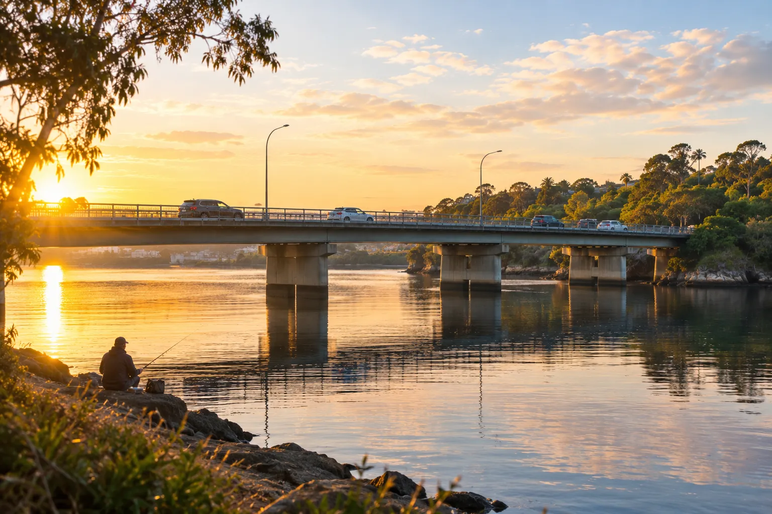Illustrative image for Sutherland Shire to Sydney airport transfers: a low road bridge over calm water in southern Sydney at sunrise, with cars crossing, a fisherman on the shore below, and bushland on the far bank reflected in the water.
