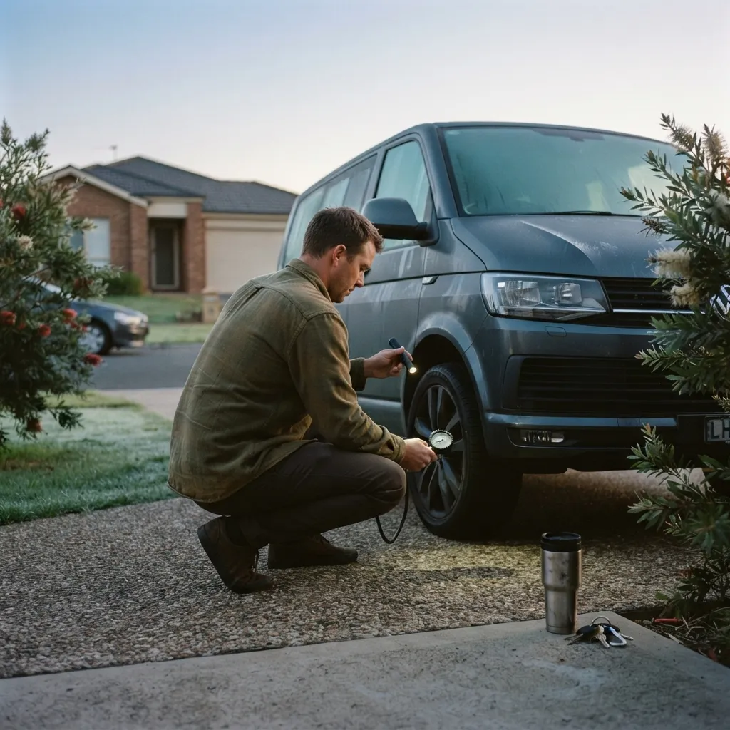 Illustrative image for Safety & compliance: a driver checking a van's tyre pressure during a pre-trip check at dawn.