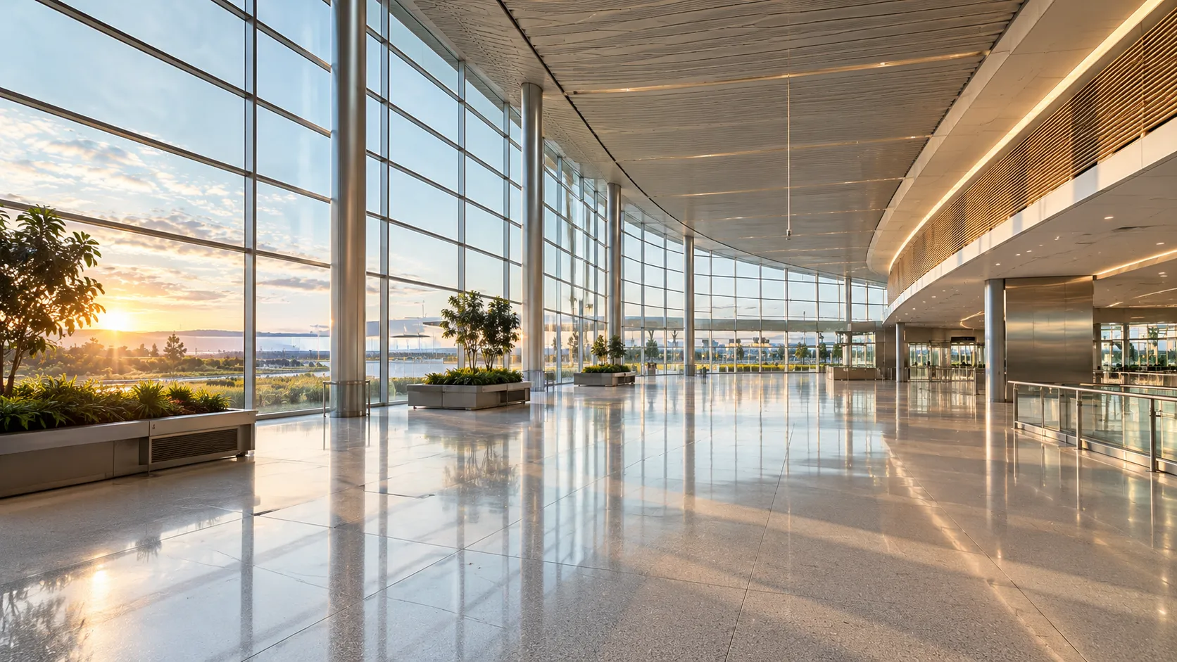 Illustrative image of a quiet airport arrivals hall in early morning light through a full-height glass wall.