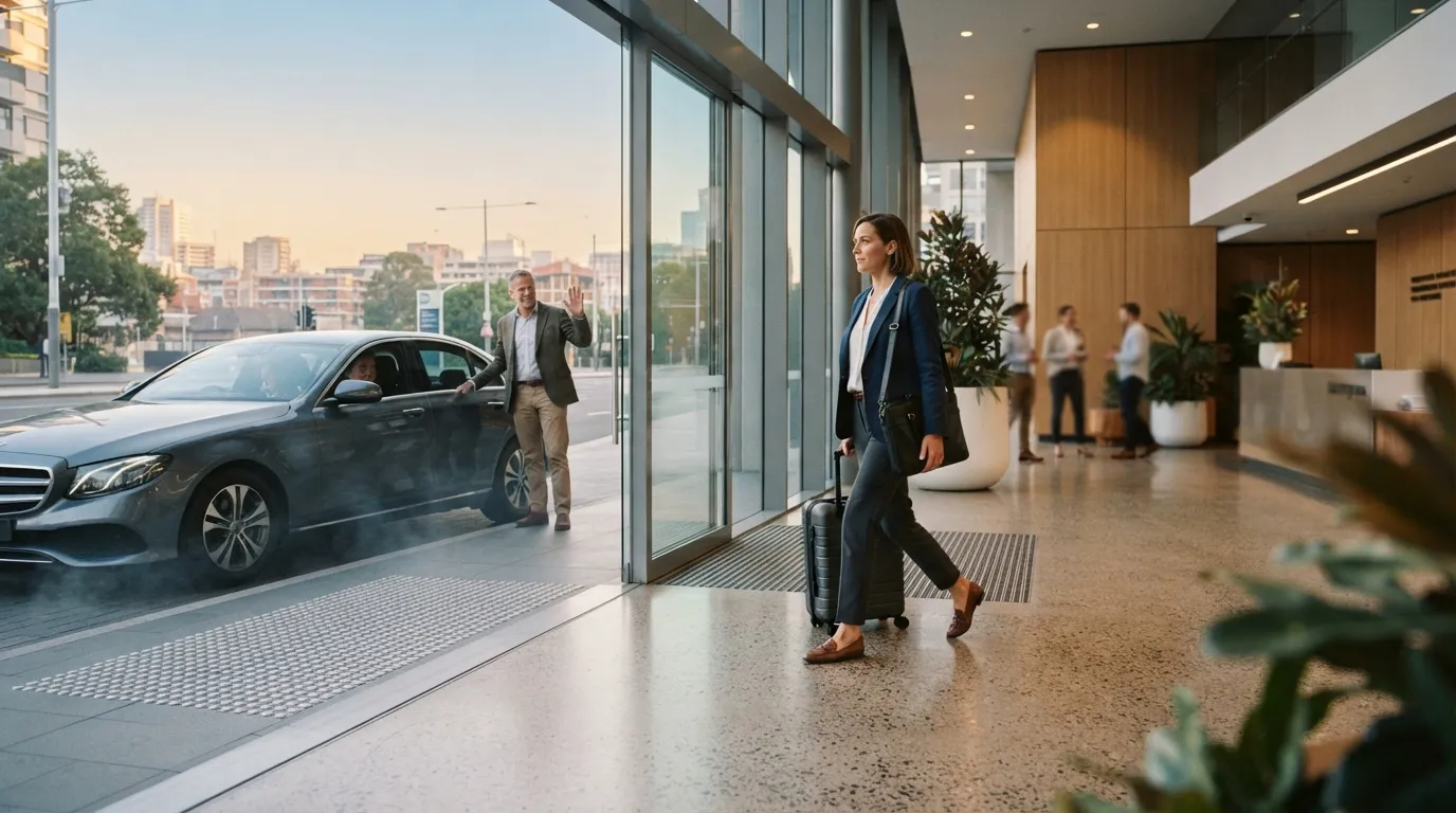 Illustrative image for Business & executive airport transfers Sydney: early morning in a modern office-building lobby: a businesswoman with a carry-on and laptop bag walking briskly towards the glass doors, where a dark sedan waits outside, and a colleague is waving goodbye.