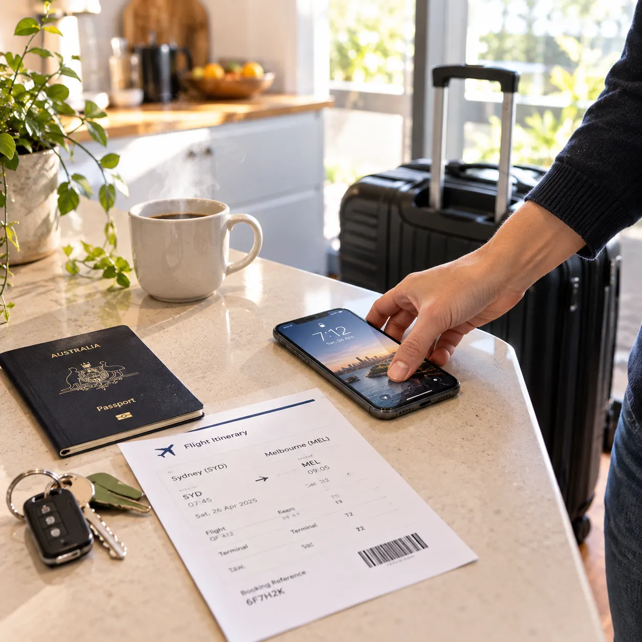 Illustrative image for Contact: a traveller's phone, printed itinerary and passport on a kitchen bench beside a packed suitcase.