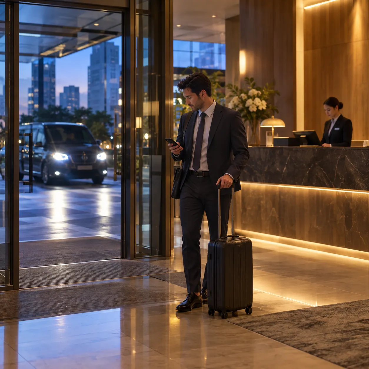 Illustrative image for Corporate airport transfers: a pre-dawn hotel lobby, softly lit: a business traveller checking his phone by the door with a carry-on, a night receptionist behind the desk, and car headlights arriving outside the glass.
