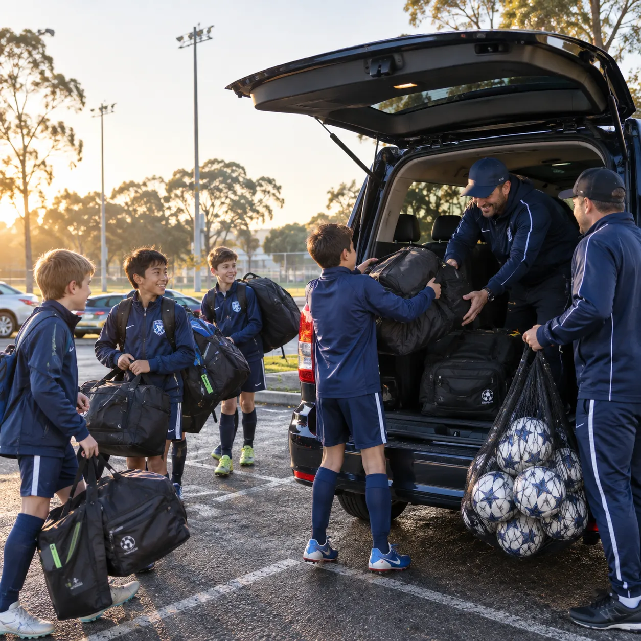 Illustrative image for Group airport transfers Sydney: a sports team loading kit bags into the open back of a large van at dawn.