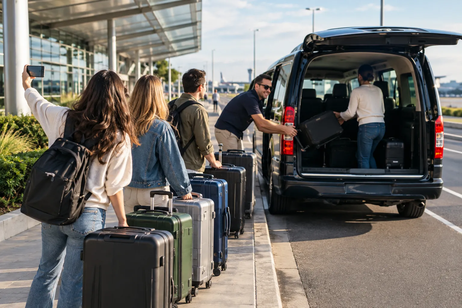 Illustrative image for Group airport transfers Sydney: a row of suitcases along a kerb as a group of friends loads a large dark van, one of them passing bags down the line, and someone taking a group selfie with their back to us.