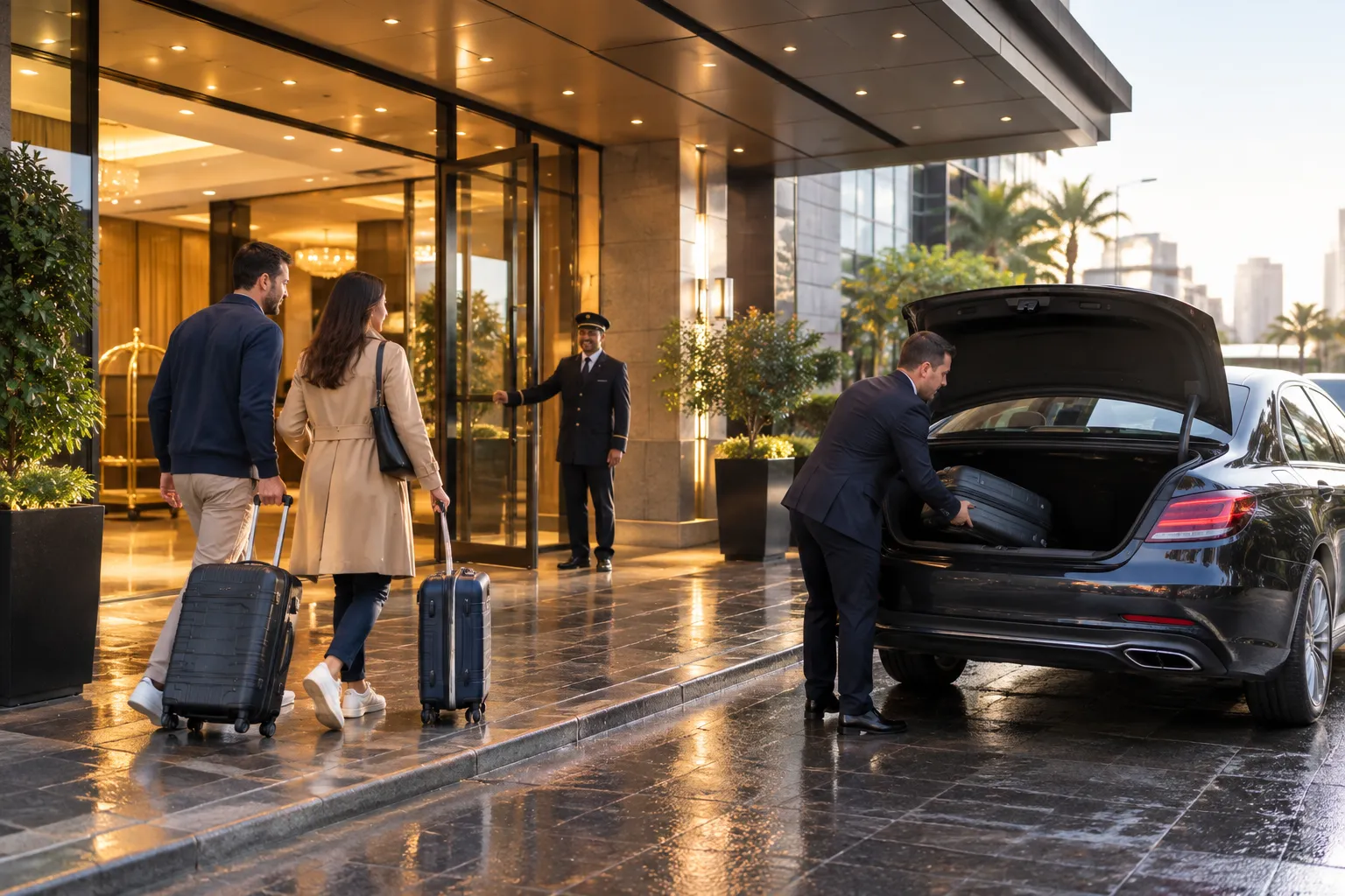 Illustrative image for Hotel & Airbnb airport transfers Sydney: hotel guests with suitcases under an entrance canopy in early morning light, a car waiting at the kerb.