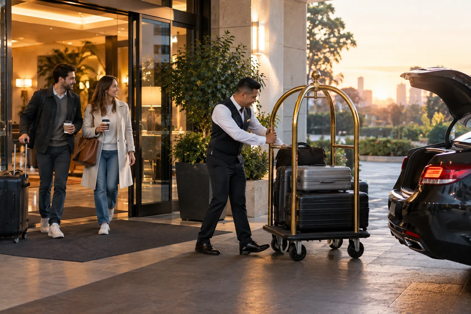 Illustrative image for Hotel & Airbnb airport transfers Sydney: at a hotel entrance at dawn, a porter is wheeling a luggage trolley out to a dark sedan while a couple checks out at the door, coffee in hand, under warm lobby light.