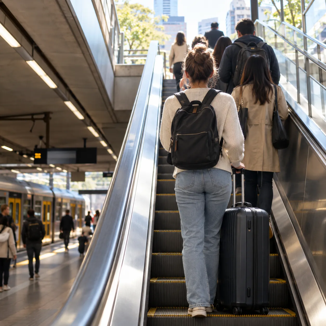 Illustrative image for How to get to Sydney airport: a traveller with a suitcase riding an escalator up from an underground train platform.