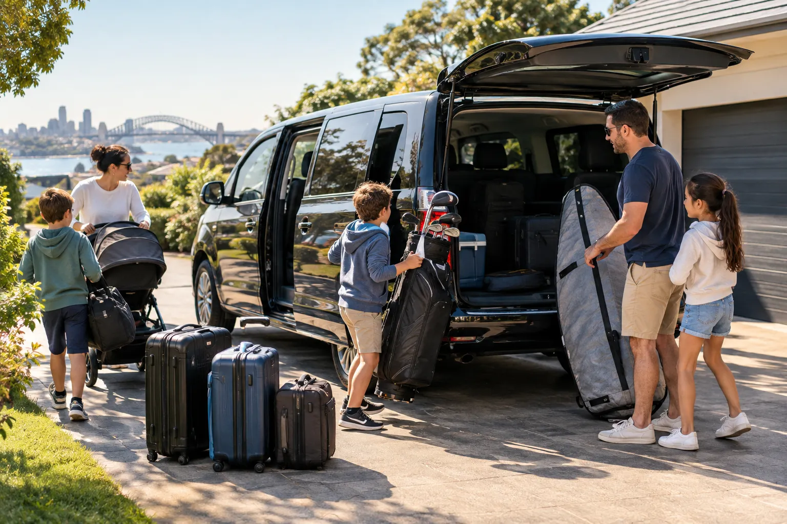 Illustrative image for Maxi cab Sydney: a driveway on a bright morning: two families loading a large dark van with a surfboard bag, a golf bag, a pram and a pile of suitcases, kids helping and a dad directing the packing.