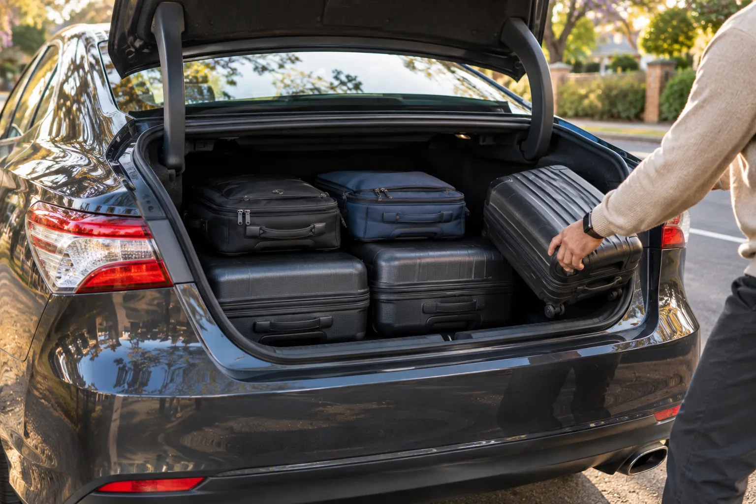 Illustrative image for Sedan airport transfers Sydney: luggage packed in the back.