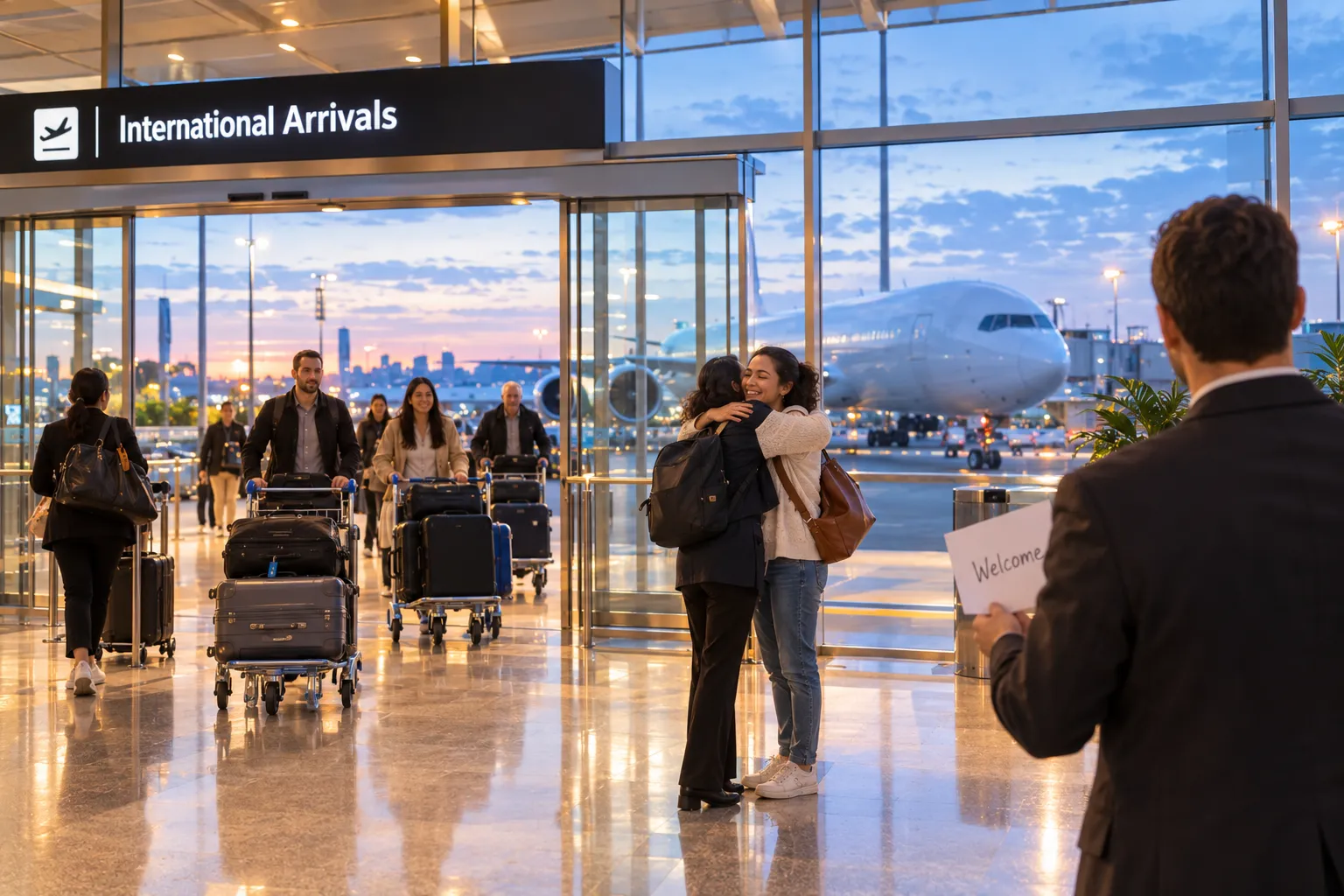 Illustrative image for Sydney airport international transfers: an international arrivals hall at dawn behind a full-height glass wall, with a wide-body jet parked outside in blue light.