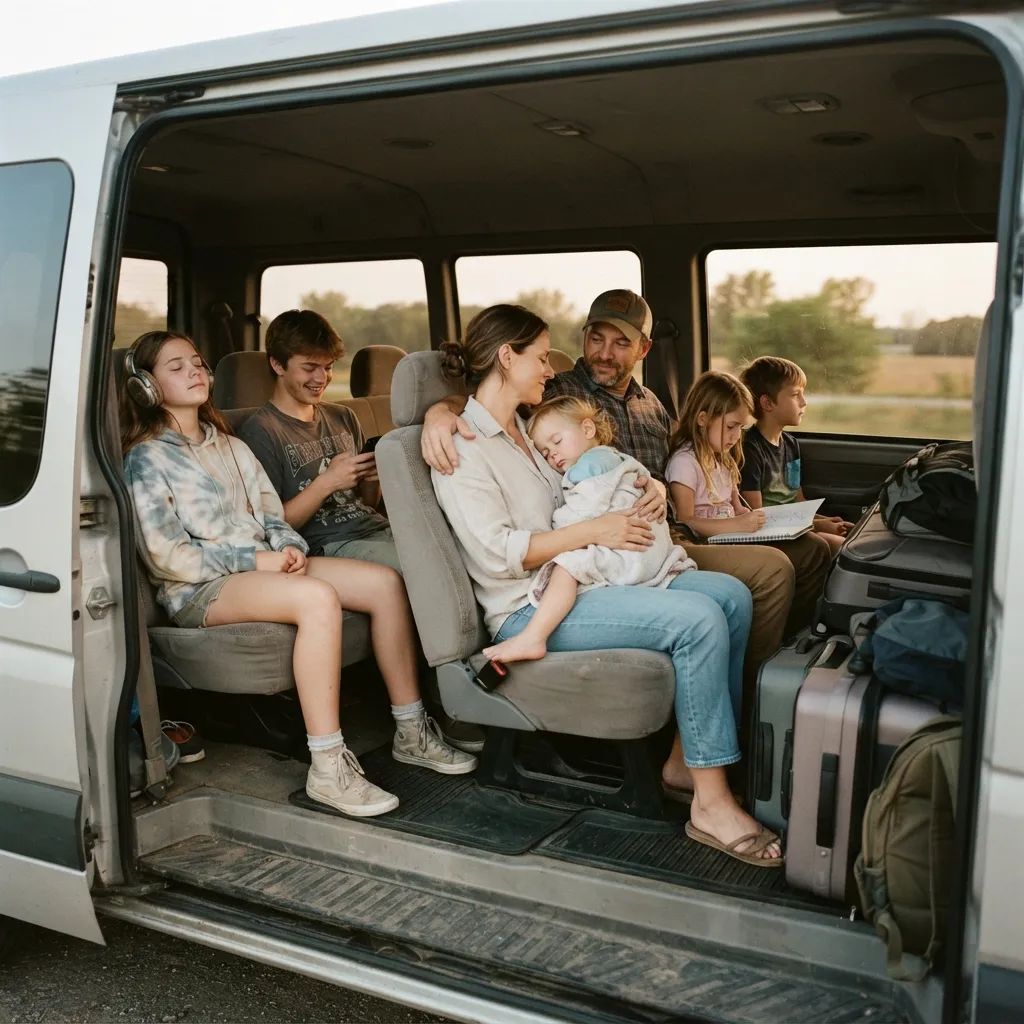 Illustrative image for Sydney airport maxi taxi: a family relaxing in the rear rows of a van, luggage stowed behind them.