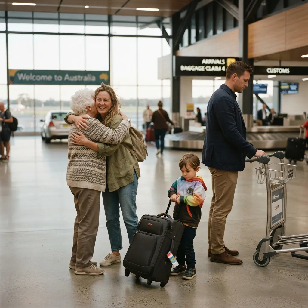 Illustrative image for Sydney airport transfers: a family reunion in an airport arrivals hall, a driver waiting nearby with a luggage trolley.