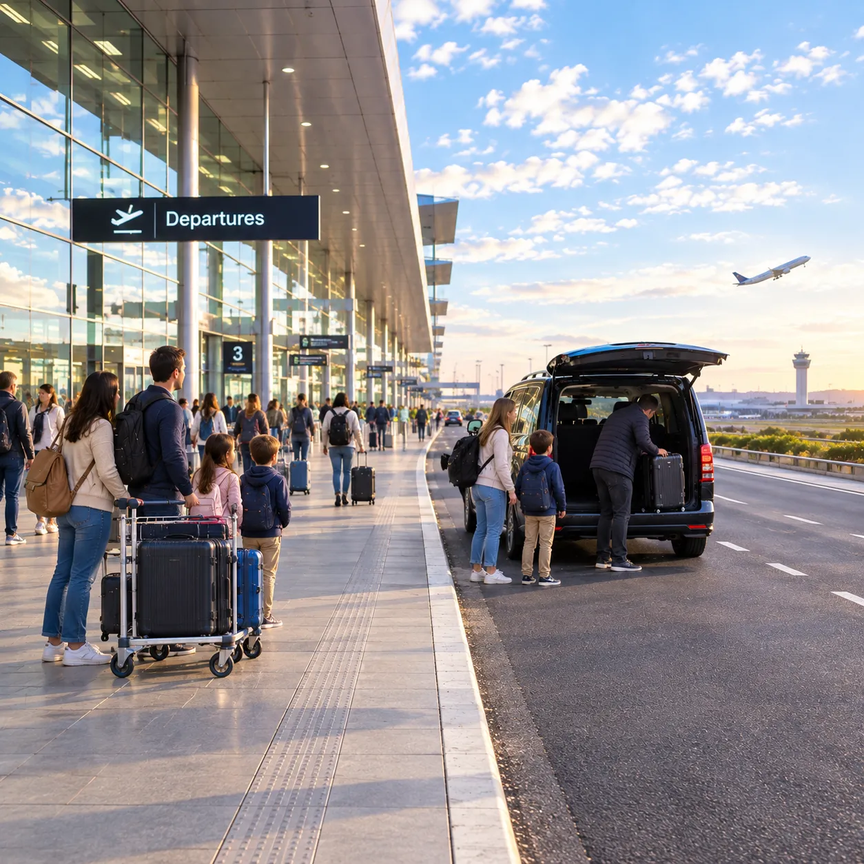 Illustrative image for Sydney airport transfers: families unloading luggage at a busy airport departures kerb in morning light.