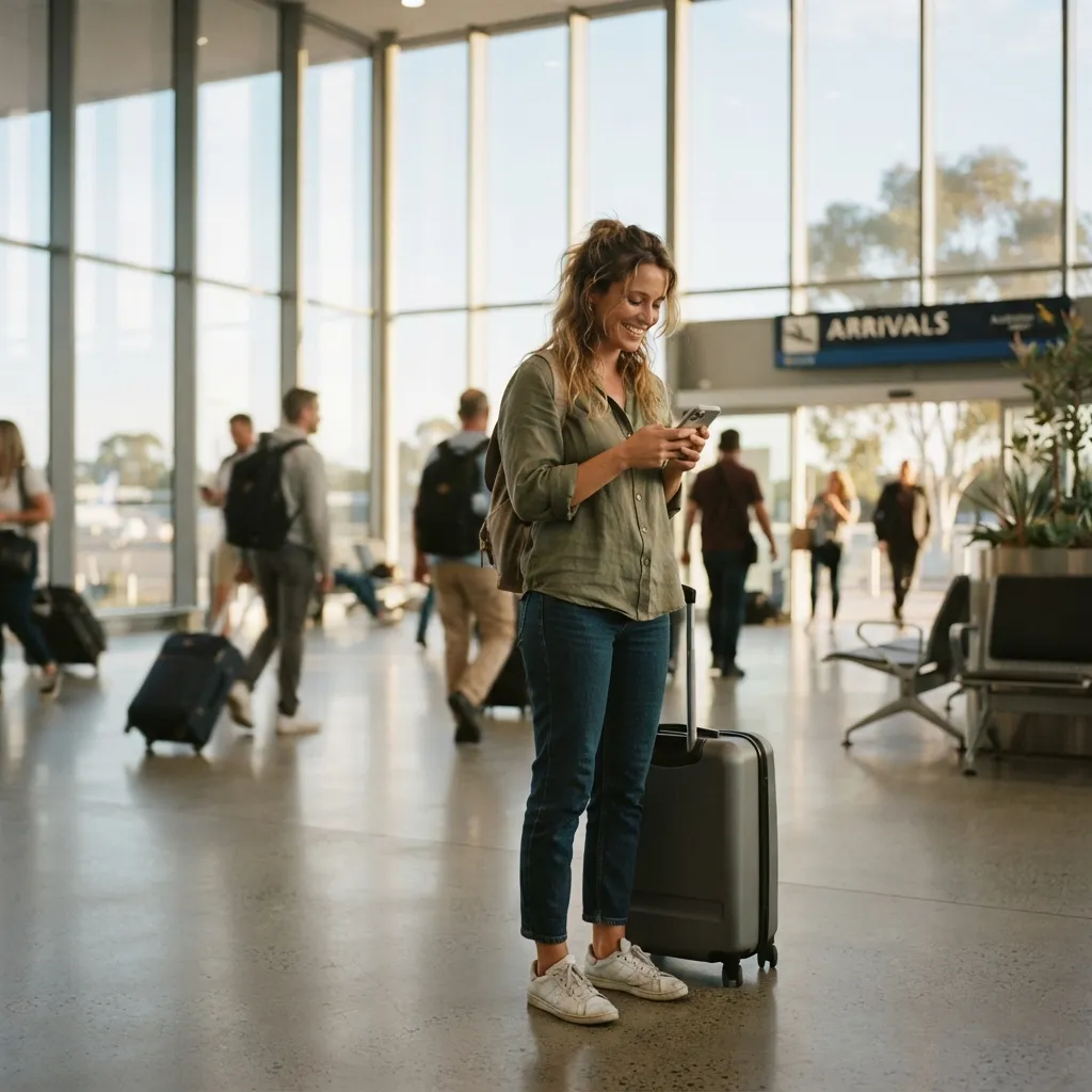 Illustrative image for Sydney airport transfer FAQ: a traveller in an arrivals hall reading a message on her phone, suitcase beside her.