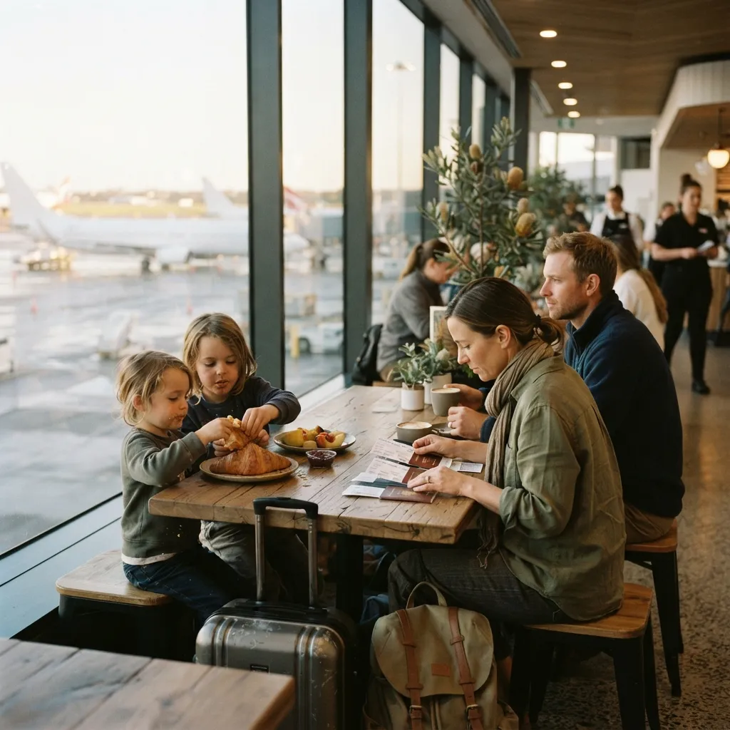 Illustrative image for Sydney airport transfer FAQ: a family having breakfast at an airport café before a flight, planes outside the window.
