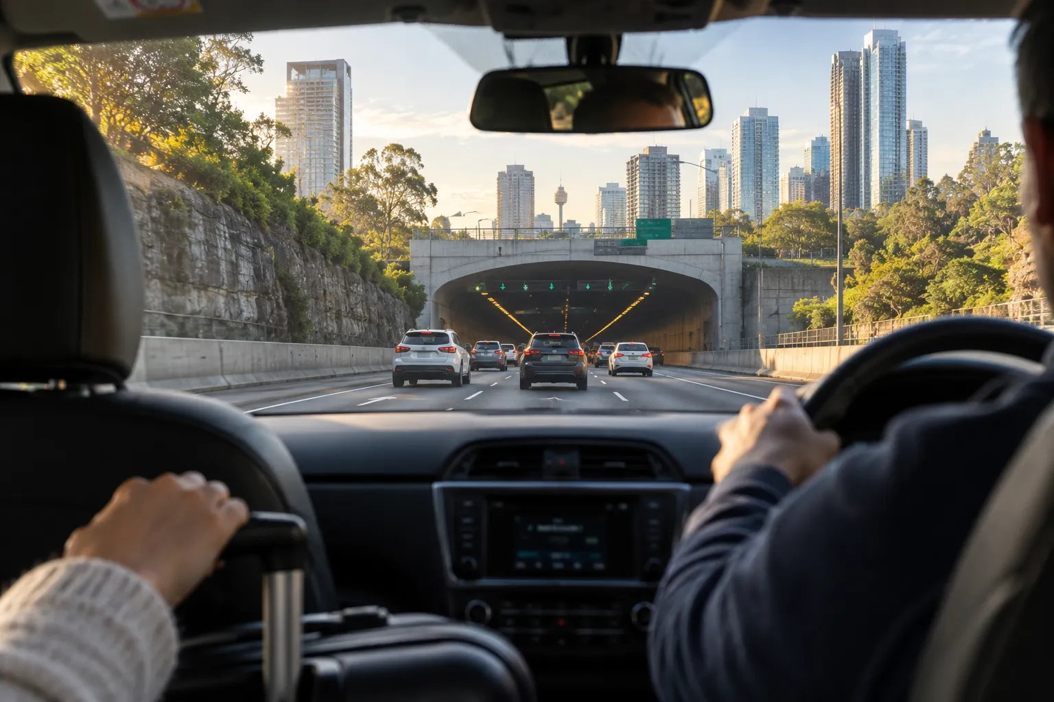 Illustrative image for Sydney CBD to Sydney airport transfers: approaching a motorway tunnel entrance in morning light, with traffic flowing in, city towers rising beyond, and a passenger's hand resting on a suitcase handle on the back seat in the foreground.