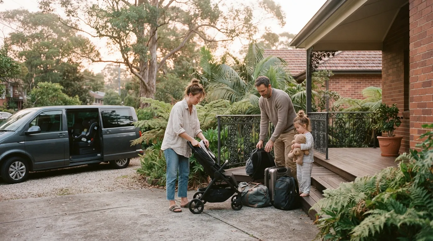 Illustrative image for Sydney airport transfers: at dawn on a verandah, parents are folding a pram and gathering bags while a toddler in pyjamas hugs a teddy.