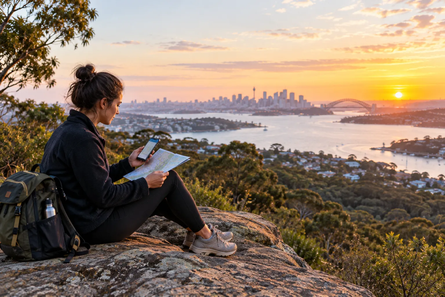 Illustrative image for Blog: a traveller sits on a sandstone ledge at first light with a phone and a paper map, planning the day, a small backpack beside her, seen side-on.