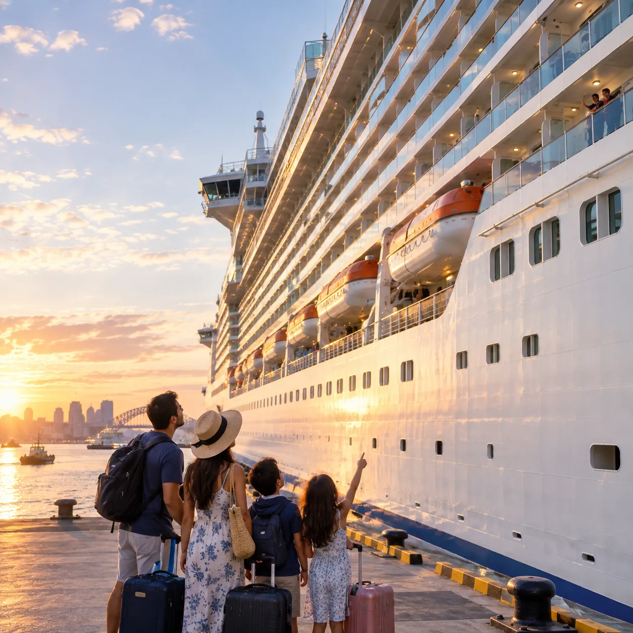 Illustrative image for Sydney cruise transfers: looking up at the towering white hull of a cruise ship at dawn, with a family on the wharf below pointing up at their balcony.