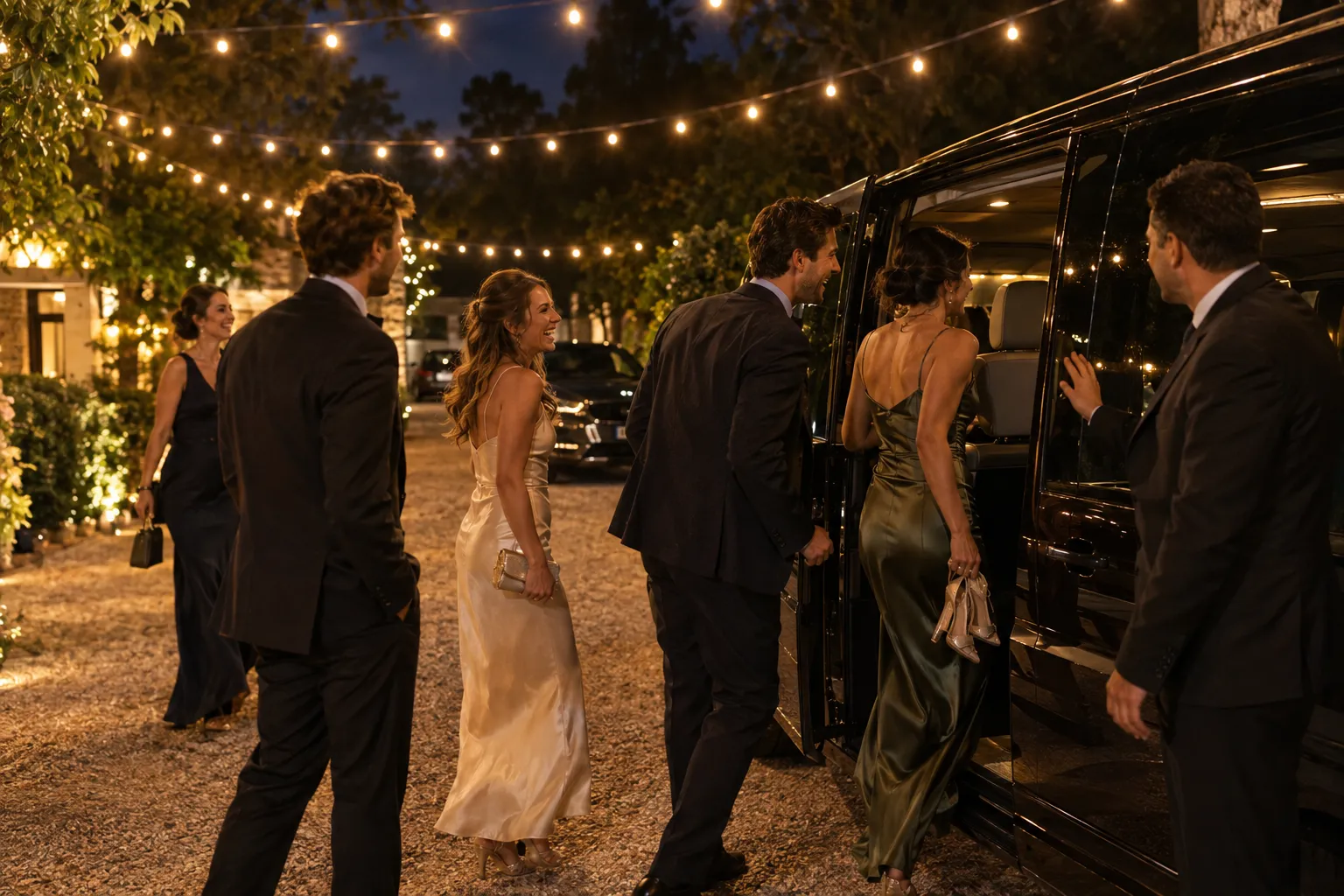 Illustrative image for Wedding guest transfers: the end of the night at a wedding venue: festoon lights over a gravel driveway, laughing guests in formal wear piling into a dark people mover, one holding her heels, and a driver holding the door.