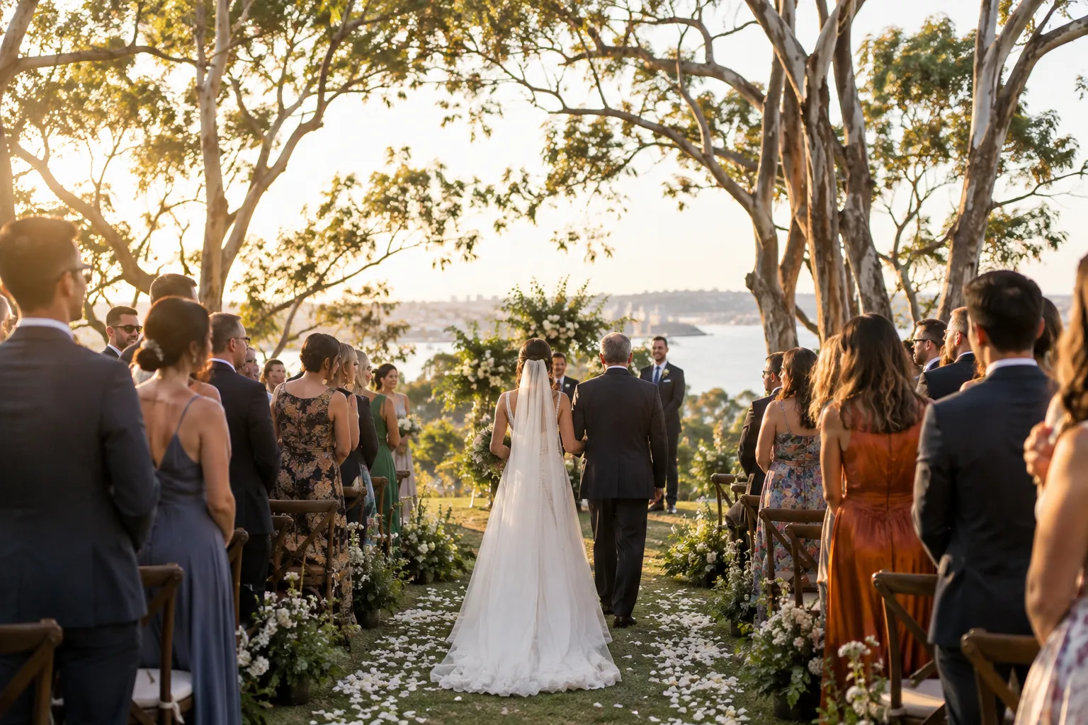 Illustrative image for Wedding guest transfers: an outdoor garden wedding under tall gum trees in golden-hour light, with guests standing and turning as the bride walks down a petal-lined aisle, seen from behind the back row.