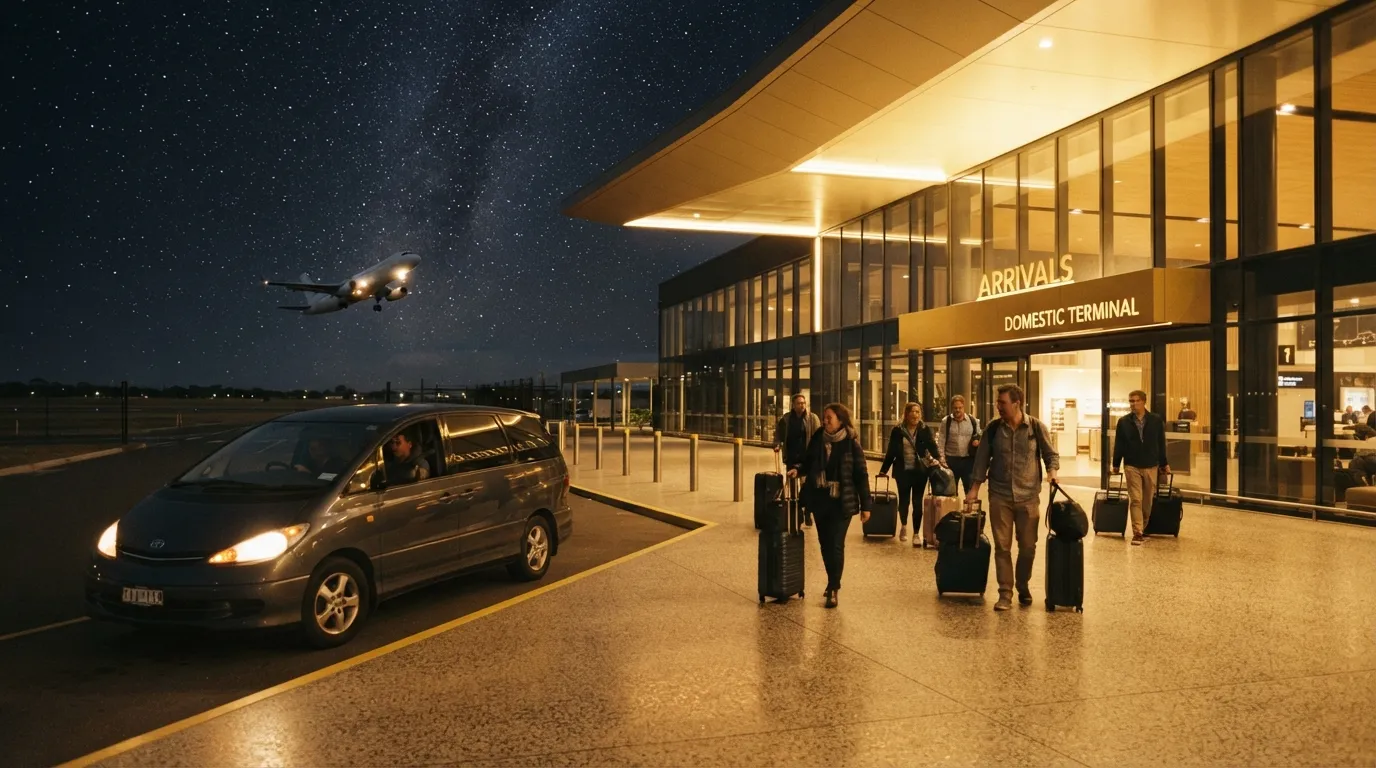 Illustrative image for How to get to Western Sydney airport: a modern airport terminal at night, glowing gold.