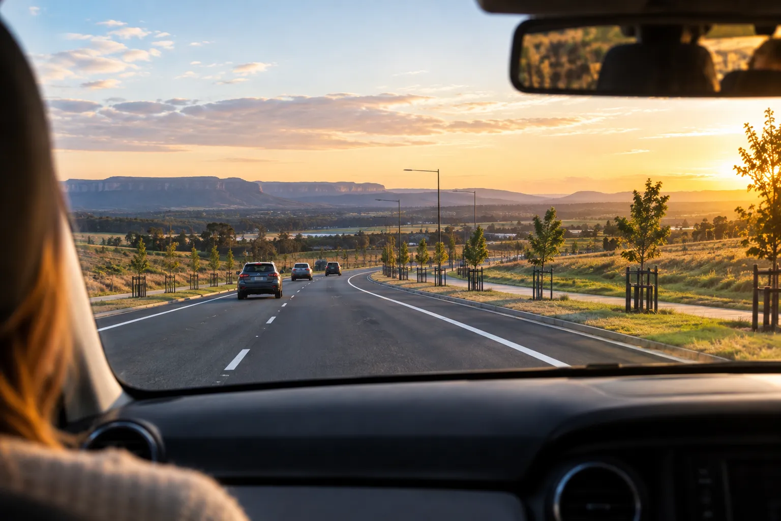 Illustrative image for Penrith to Western Sydney airport transfers: a brand-new road sweeping across open grassland in Western Sydney at first light, with fresh line markings, a few cars heading west, young street trees in guards, and the Blue Mountains on the horizon.
