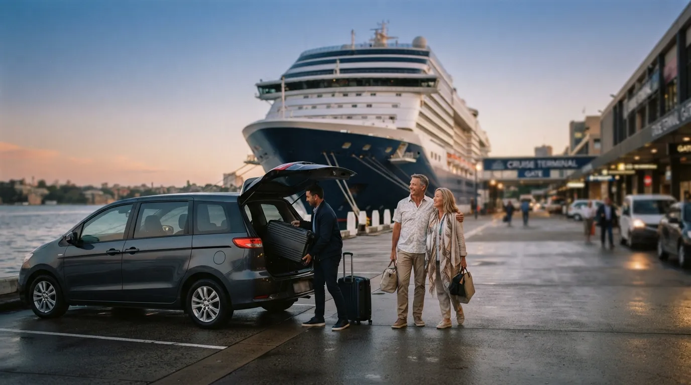 Illustrative image for White Bay cruise terminal transfers: at dawn at the cruise terminal kerb, a driver is loading a couple's suitcases into a dark people mover while they take one last look at the ship behind them.