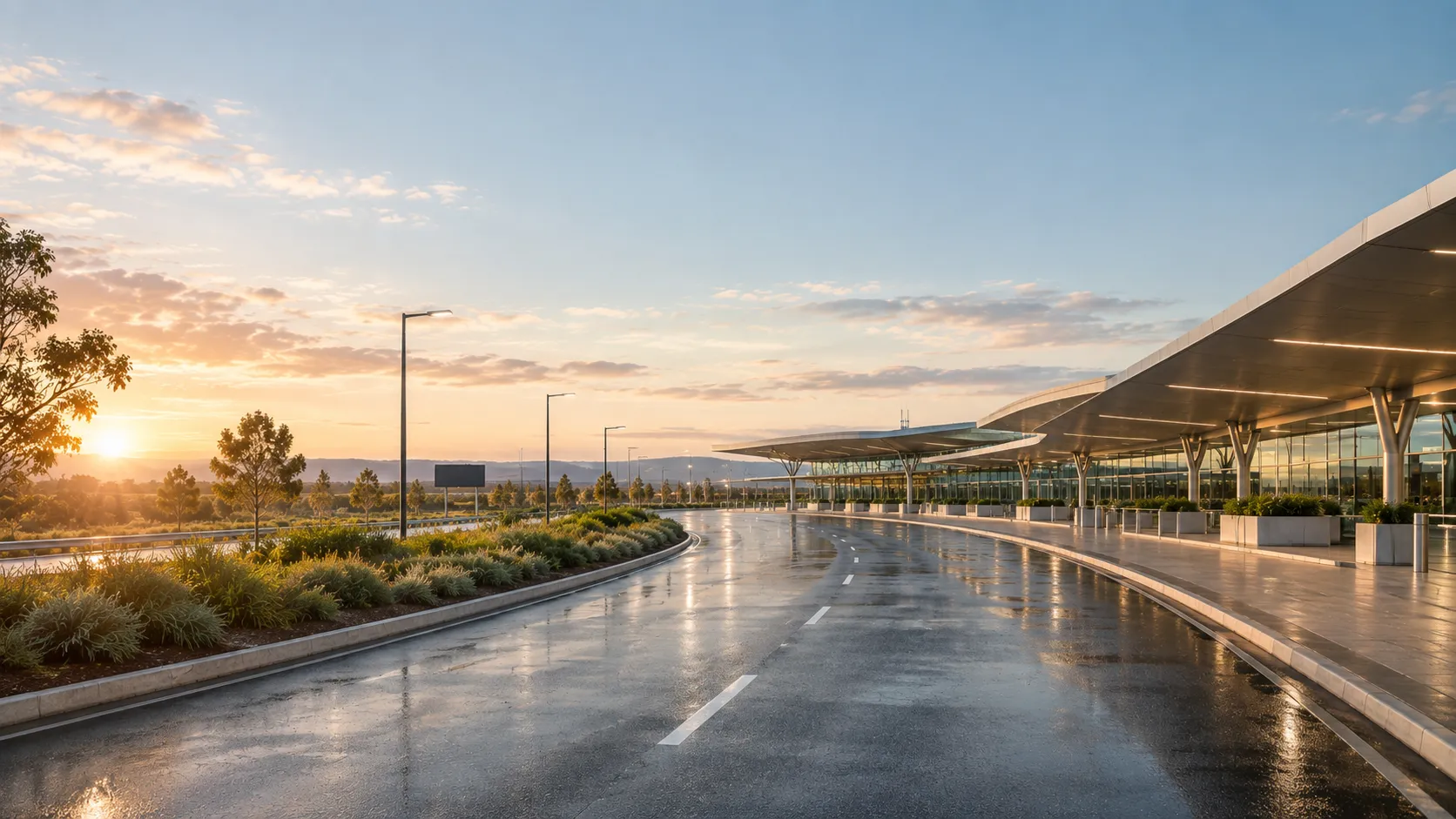 Illustrative image of an airport approach road at sunrise, a terminal canopy on the right.